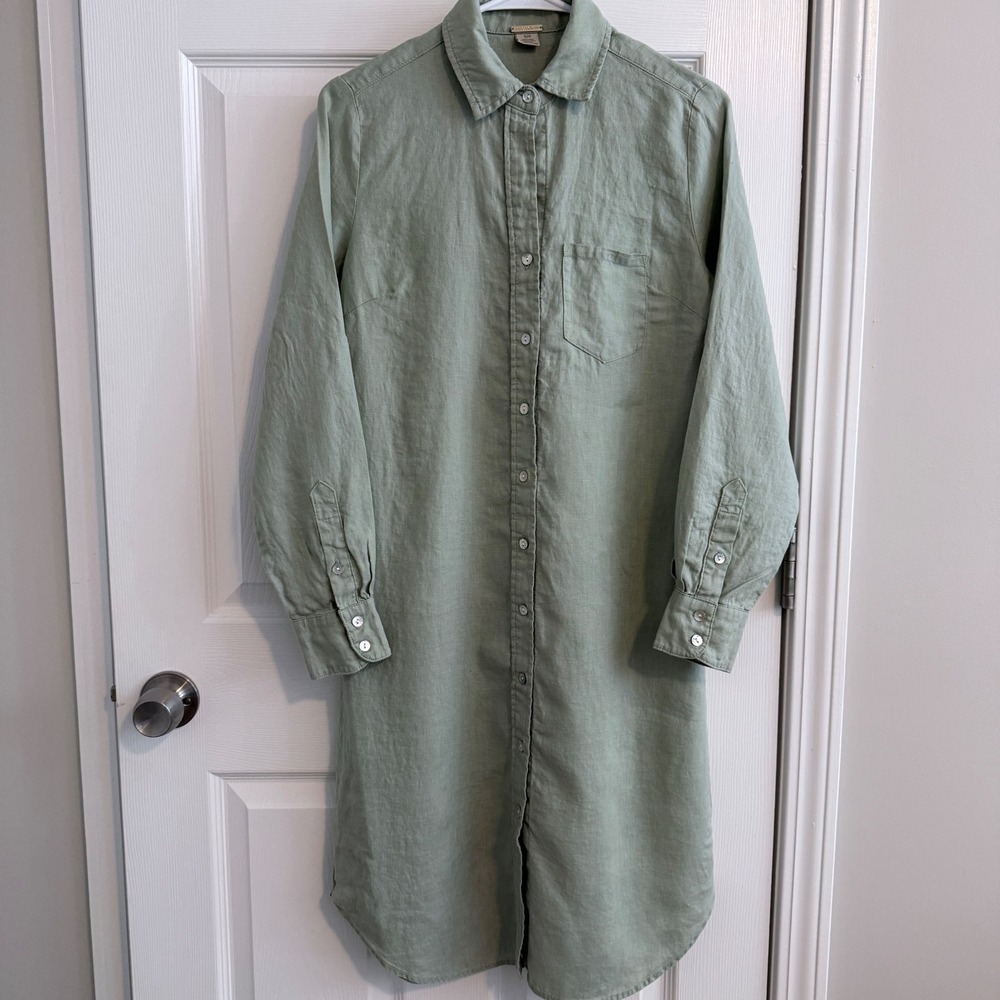 Magaschoni Shirt Dress Women S Sage Green 100% Linen Long Sleeve Roll Tab Pocket